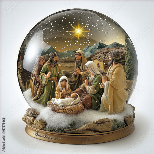 Classic Transparent Snow Globe Featuring A Nativity Scene With A Glowing Star Above, Surrounded By Soft, Falling Snow