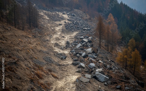 A barren landscape showing erosion and debris after a landslide in a forested area. photo