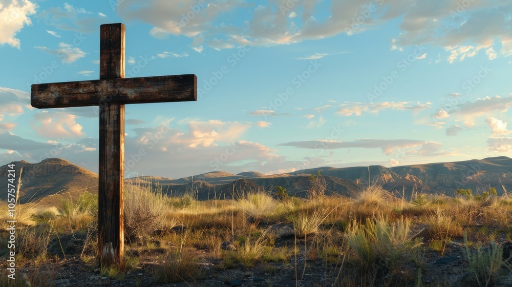 Rustic wooden cross standing tall in a serene landscape Close-up photo with clean background Rustic wooden cross standing tall in a serene landscape Close-up photo with clean background