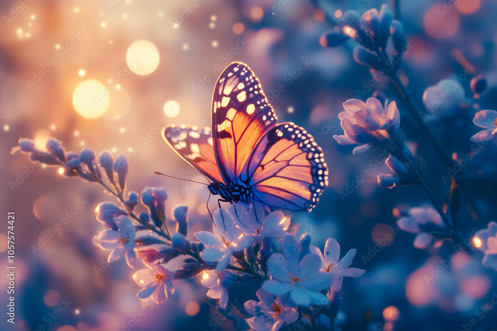 A vibrant butterfly perched on a branch of flowers, with a softly blurred background of bokeh lights A vibrant butterfly perched on a branch of flowers, with a softly blurred background of bokeh lights