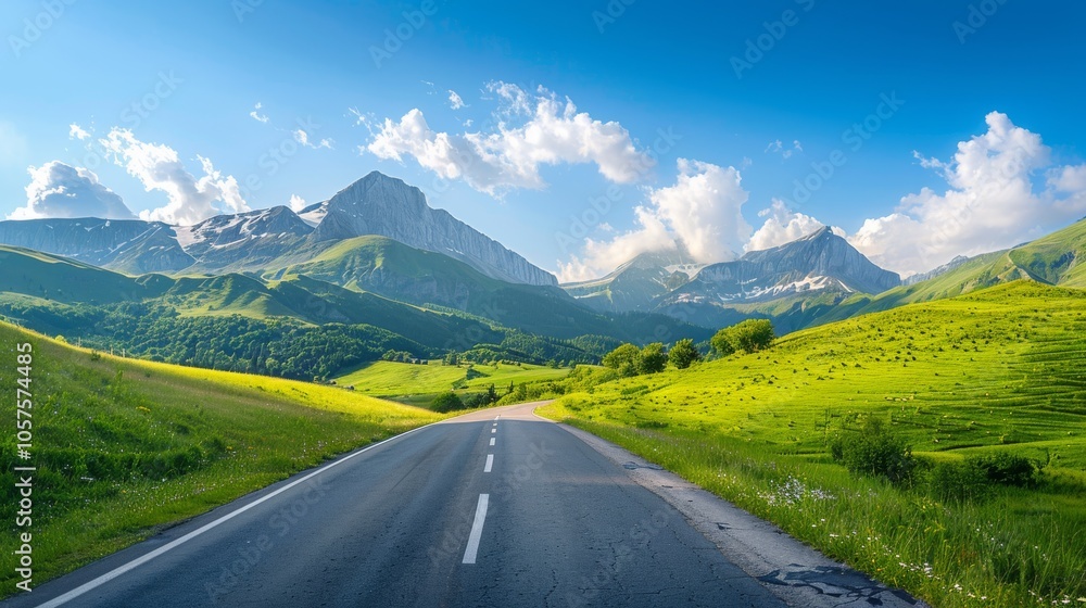 Naklejka premium Scenic drive through the Alps, vibrant summer colors, mountain views, Close-up photo with clean background