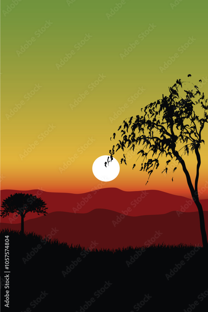 Fototapeta premium Vibrant Sunset with Tree Silhouettes on Rolling Hills