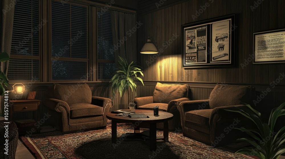 3D design of a moody, dark-themed living room with cozy armchairs, coffee table, and mock-up poster on the wall. 3D design of a moody, dark-themed living room with cozy armchairs, coffee table, and mock-up poster on the wall.