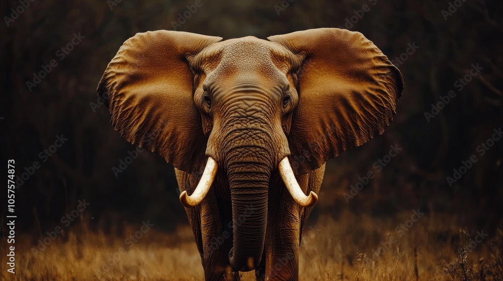 Fototapeta premium Close up image of a wild elephant showcasing its impressive ivory tusks and large ears ideal for artistic textures and web design backgrounds