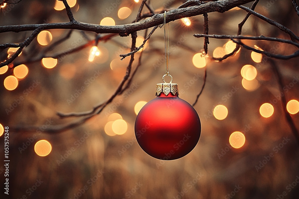 Red Christmas ornament hanging on a bare winter branch. Red Christmas ornament hanging on a bare winter branch.
