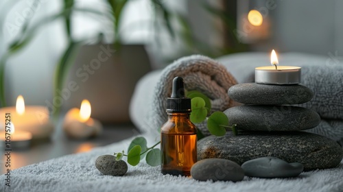 Serene spa environment with candle and essential oil on stones Close-up photo with clean background