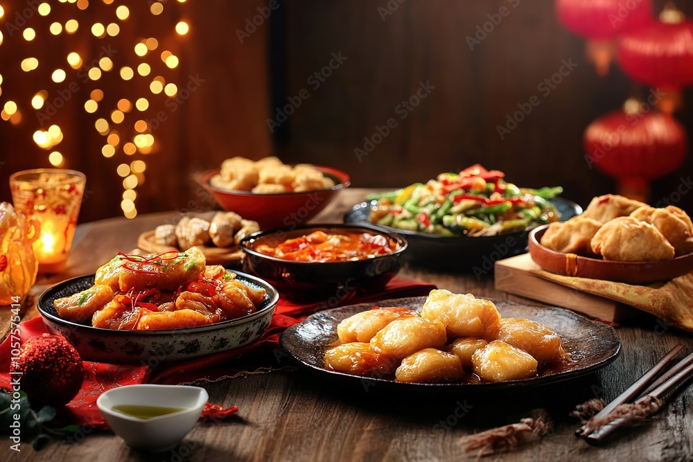 Festive Chinese dinner table setup with delicious dishes Festive Chinese dinner table setup with delicious dishes