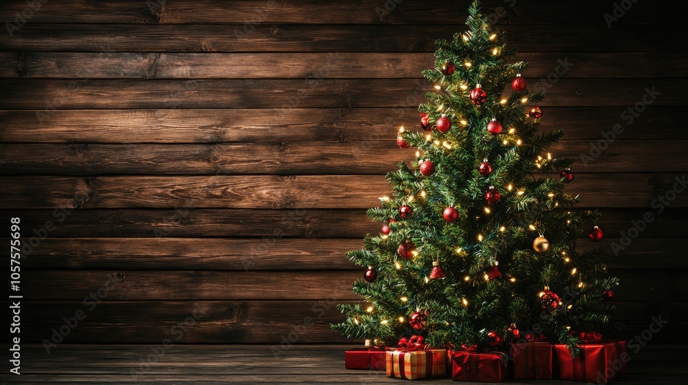 Christmas backdrop featuring a fir tree adorned with decorations against a dark wooden surface Christmas backdrop featuring a fir tree adorned with decorations against a dark wooden surface