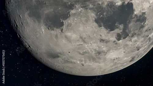Close up view of gray moon surface and craters. Texture against dark starry background. Celestial wonder. Space, science, astronomy. Mysteries of universe. Natural satellite of the earth orbit around.