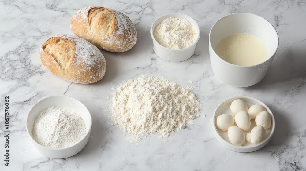 Baking components for crafting traditional bread or cakes on a light grey marble surface Baking components for crafting traditional bread or cakes on a light grey marble surface