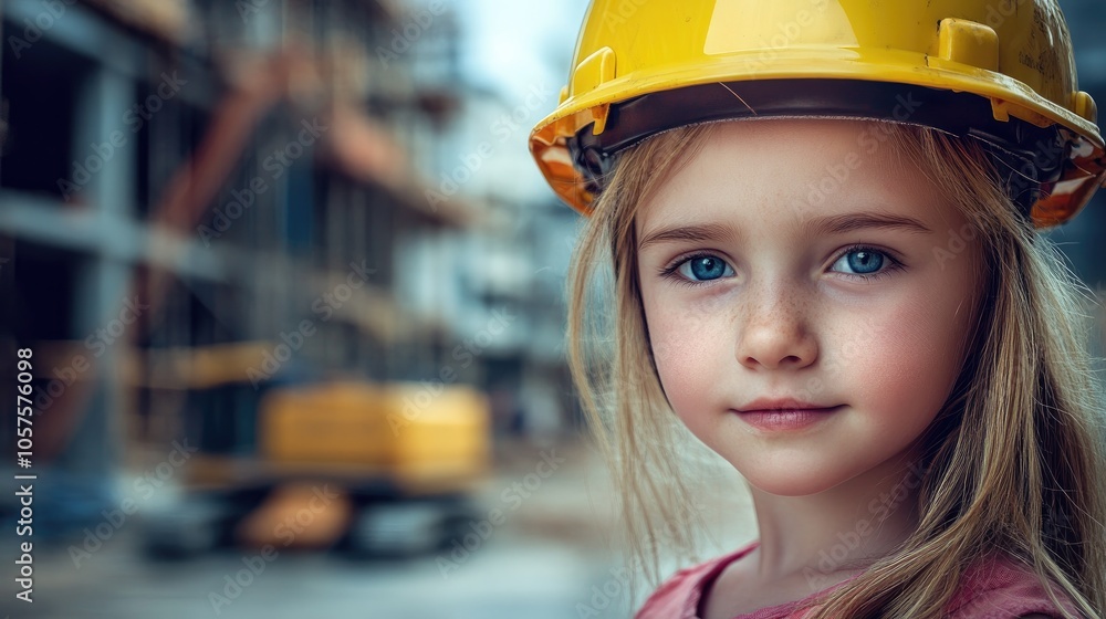 Child wearing a construction helmet with a construction site in the background Child wearing a construction helmet with a construction site in the background