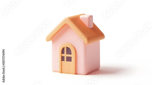  3D style house icon, bright peach and orange colors, white background, simple design, poster