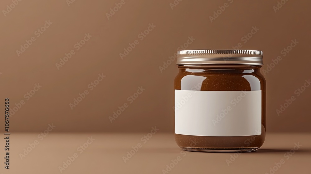 Chocolate spread jar with a blank label mockup displayed against a neutral brown studio background Chocolate spread jar with a blank label mockup displayed against a neutral brown studio background