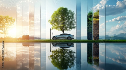 EV electric car vehicle charging and sustainable LCA green energy technology presented in panoramic banner photo collage showing eco friendly view of copy space  photo