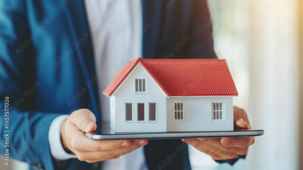 professional holds model house on tablet, symbolizing real estate investment professional holds model house on tablet, symbolizing real estate investment