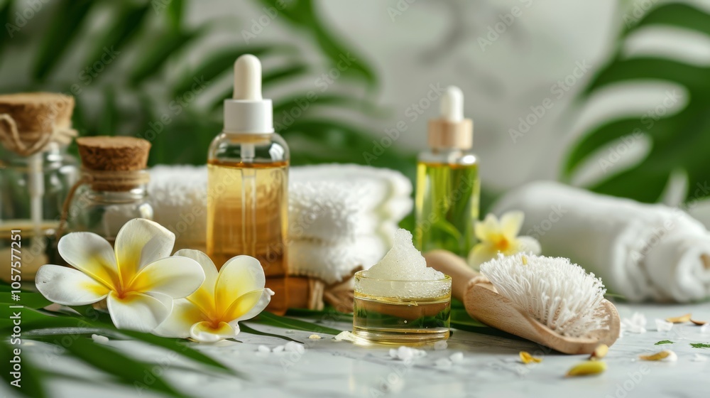 Soothing spa scene with natural cosmetics and aromatherapy oils Close-up photo with clean background Soothing spa scene with natural cosmetics and aromatherapy oils Close-up photo with clean background