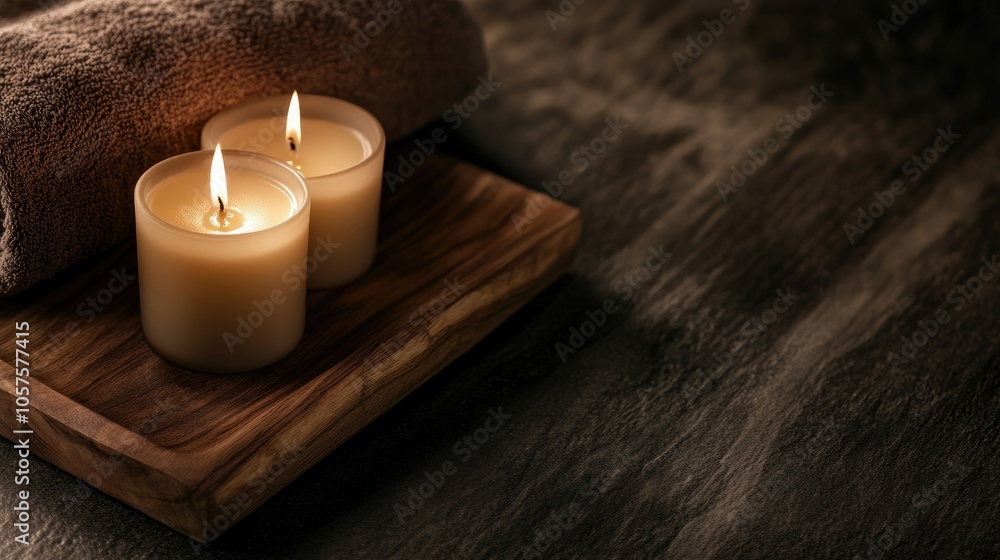 Candle and spa elements create a serene atmosphere for relaxation featuring natural aromatherapy on a wooden tray emphasizing skincare and wellness in a tranquil setting Candle and spa elements create a serene atmosphere for relaxation featuring natural aromatherapy on a wooden tray emphasizing skincare and wellness in a tranquil setting