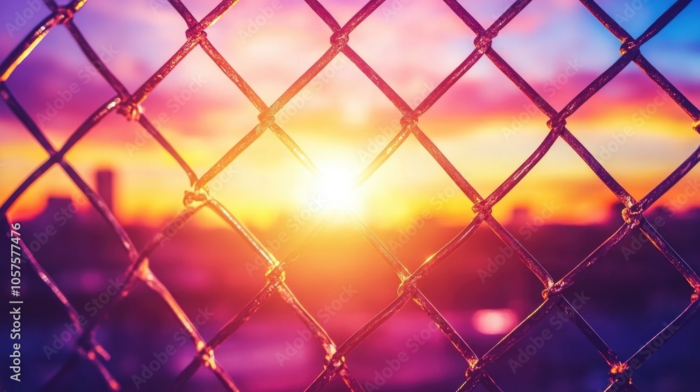Fototapeta premium Chain link fence silhouetted against a sunset in an urban environment