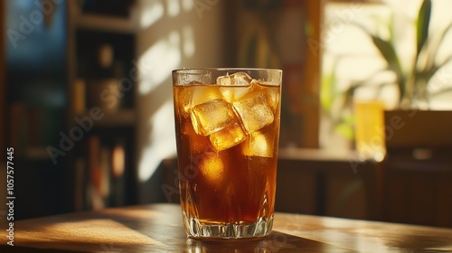 A tall glass of iced tea with ice cubes, condensation visible, creating an inviting, cool beverage scene