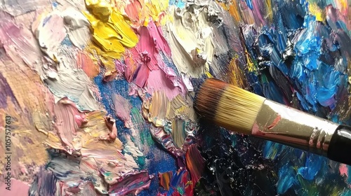 Close up of an artist s palette and paintbrush resting on a canvas featuring vibrant oil paints photo