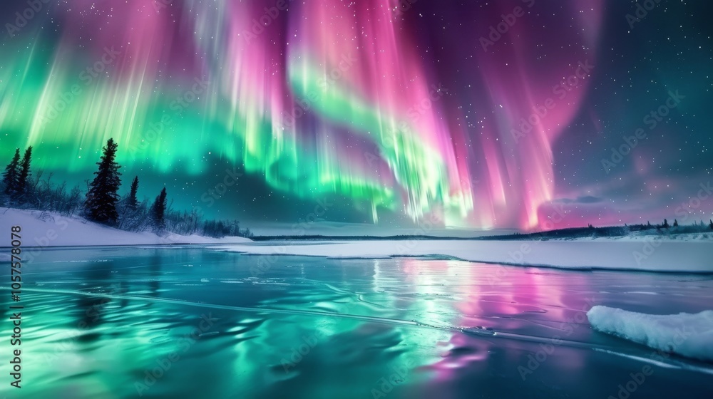Naklejka premium Striking northern lights showcasing vivid emerald and magenta waves across the sky, with a dark, icy expanse below and a few scattered snow-covered trees, Close-up photo with clean background