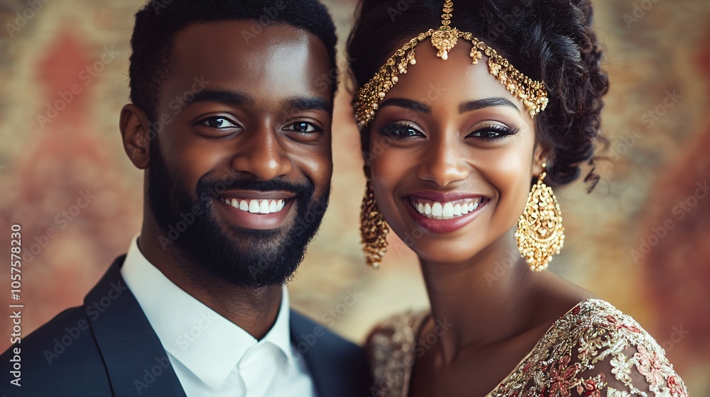 Beautiful happy wedding couple bride and groom, attractive indian, african american black man and woman smiling at celebration anniversary party Beautiful happy wedding couple bride and groom, attractive indian, african american black man and woman smiling at celebration anniversary party