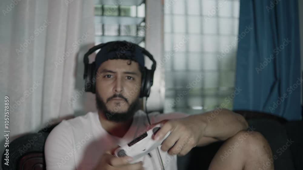 Portrait of man streamer with headphone playing a videogames with a joystick Portrait of man streamer with headphone playing a videogames with a joystick