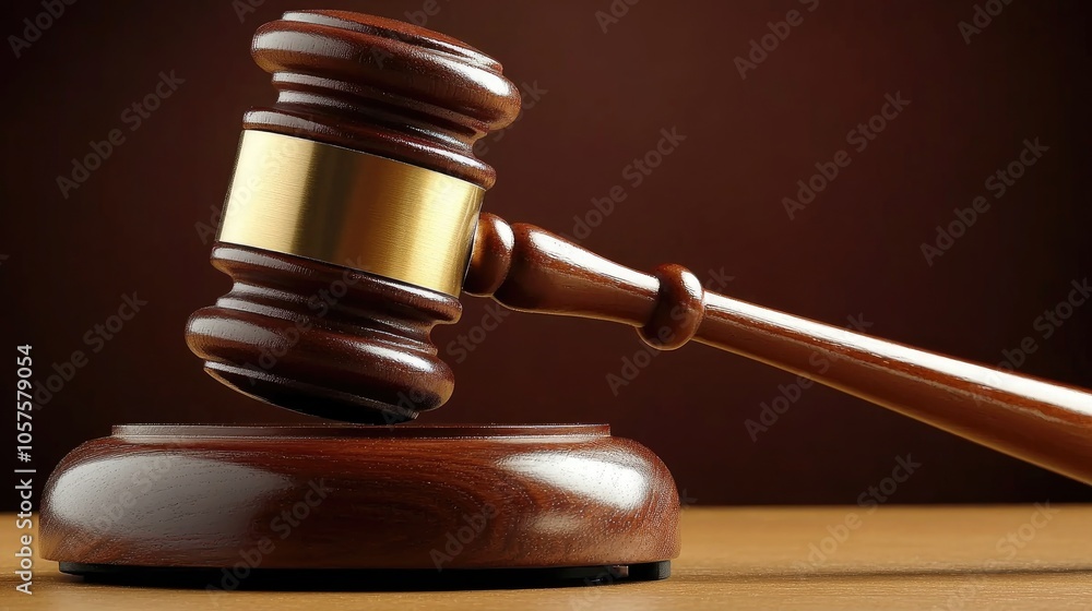A wooden gavel resting on a sound block representing justice and legal authority within a court environment A wooden gavel resting on a sound block representing justice and legal authority within a court environment