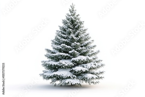 Christmas tree covered with snow isolated on white background.