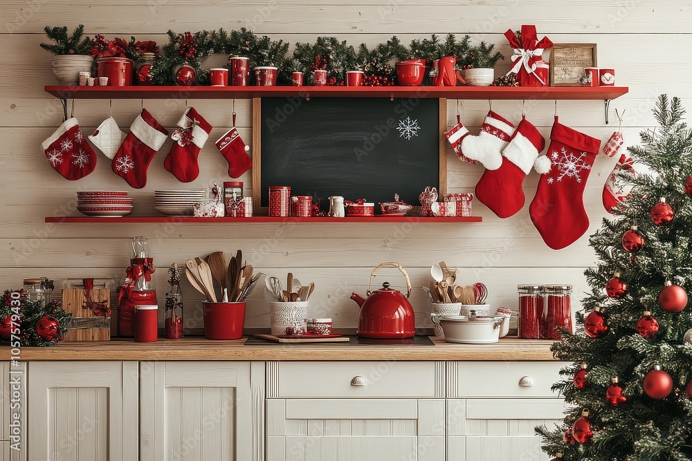 Festive red and white Christmas-themed kitchen decorated with ornaments, stockings, and holiday accents in a bright setting. Festive red and white Christmas-themed kitchen decorated with ornaments, stockings, and holiday accents in a bright setting.