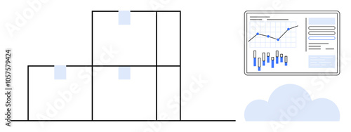 Business team analyzing data trends on a mounted graph with cloud storage. Graph shows bar and line charts. Ideal for data analysis, cloud computing, business, analytics, technology, finance