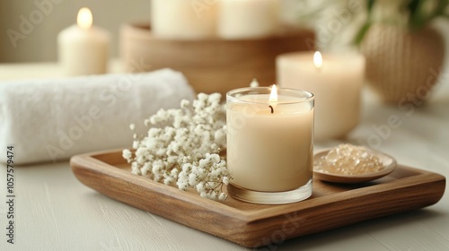 Candle and natural aromatherapy treatment arranged on a wooden tray creating a serene spa atmosphere for relaxation and wellness