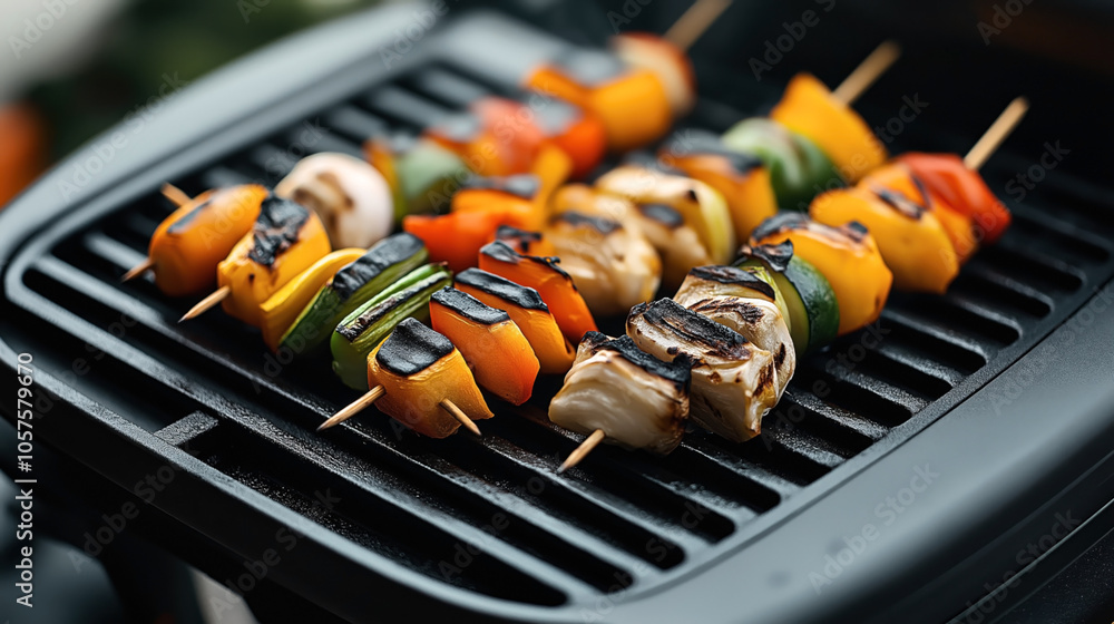 Φωτογραφία Grilled vegetable skewers with peppers and onions on an outdoor barbecue grill, showcasing charred texture and vibrant colors
