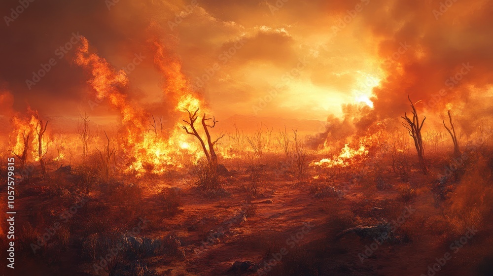 Burning forests and polluted landscapes in a desert setting symbolize global warming and its effects highlighting environmental concerns and health implications Burning forests and polluted landscapes in a desert setting symbolize global warming and its effects highlighting environmental concerns and health implications