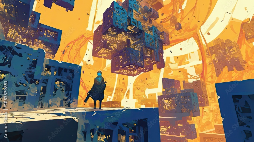 Fototapeta premium A lone figure stands on a platform in a futuristic city of interconnected cubes