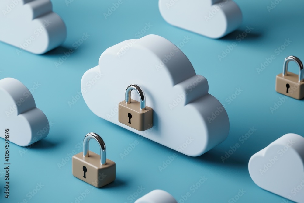 Privacy and data security protection concept. A group of stylized clouds with padlocks illustrates the concept of cloud security and data protection in a digital landscape Privacy and data security protection concept. A group of stylized clouds with padlocks illustrates the concept of cloud security and data protection in a digital landscape