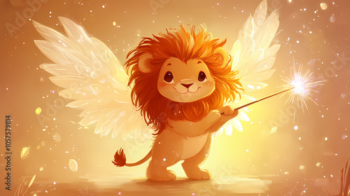 Magical winged lion, an adorable cartoon lion with fluffy wings and a sparkling wand, radiates joy and enchantment in a whimsical, bright atmosphere. Winged Lion. Illustration photo