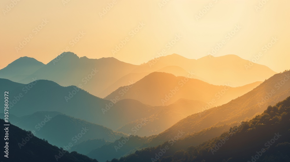 Obraz premium Sunrise over mountain silhouettes, warm golden tones, clear sky Close-up photo with clean background