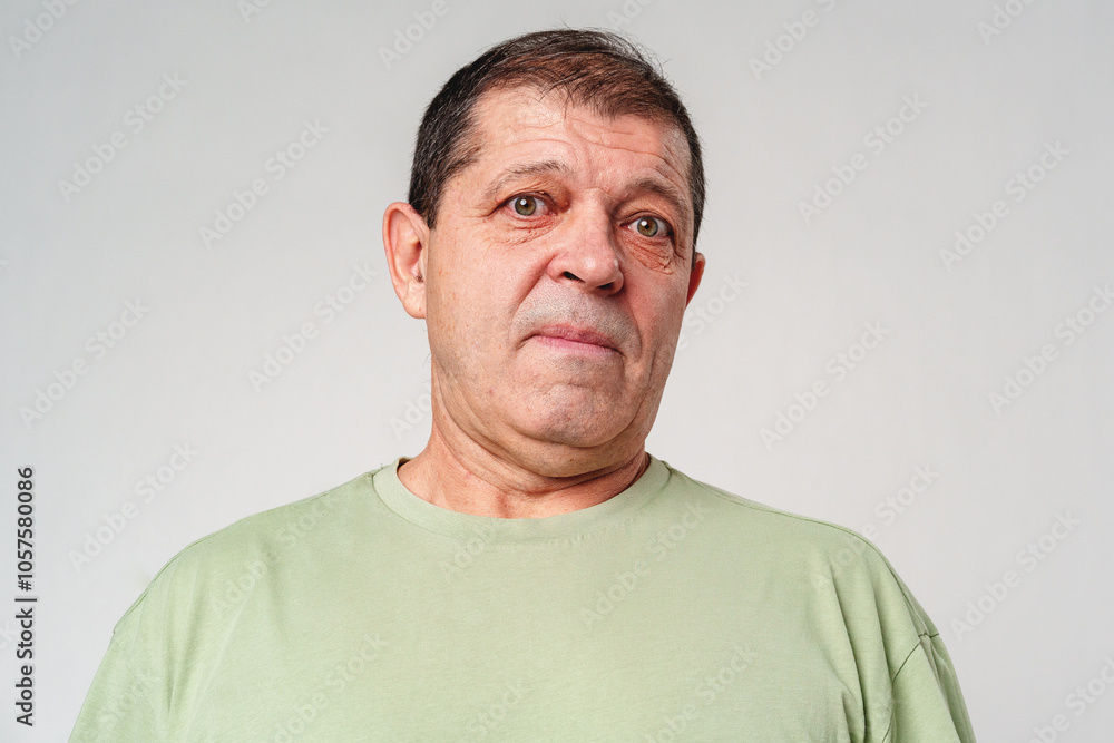 Obraz premium Friendly older man smiling warmly in a light green shirt against a neutral background