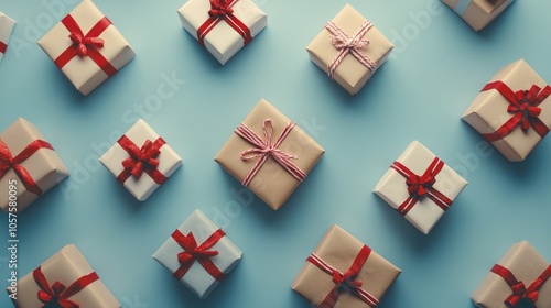 Christmas themed gift boxes arranged on a blue backdrop Aerial perspective