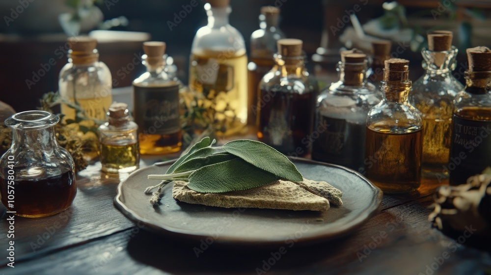 A slice of sage on a plate in front of various bottles filled with natural oils and essences A slice of sage on a plate in front of various bottles filled with natural oils and essences