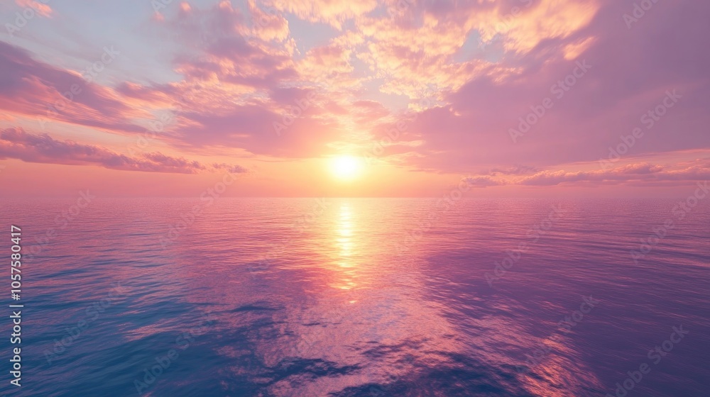 Fototapeta premium A stunning sunset over a serene ocean showcasing vibrant hues reflecting on the water and soft clouds floating in the sky