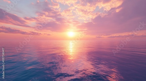 A stunning sunset over a serene ocean showcasing vibrant hues reflecting on the water and soft clouds floating in the sky