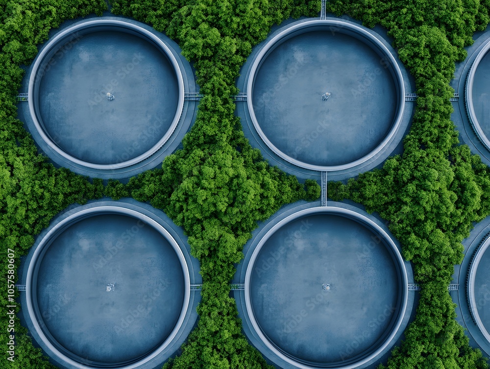 Aerial View of Circular Processing Tanks Surrounded by Trees Aerial View of Circular Processing Tanks Surrounded by Trees