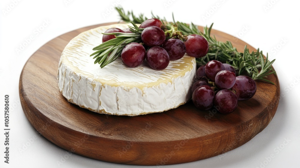 Brie cheese topped with fresh rosemary and grapes elegantly presented on a rustic wooden serving board Brie cheese topped with fresh rosemary and grapes elegantly presented on a rustic wooden serving board