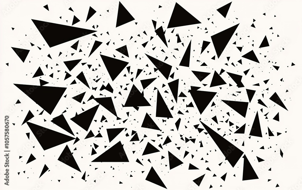 Abstract composition featuring scattered black triangles on a white background, showcasing dynamic shapes and patterns Abstract composition featuring scattered black triangles on a white background, showcasing dynamic shapes and patterns