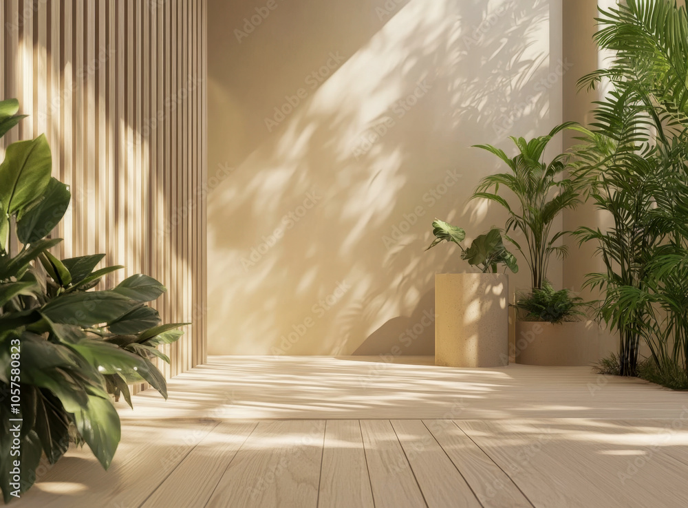A room with a white wall and a wooden floor. There are potted plants in the room A room with a white wall and a wooden floor. There are potted plants in the room