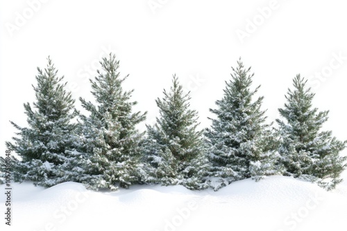 Fir trees with snow on beautiful natural snowdrift with white background