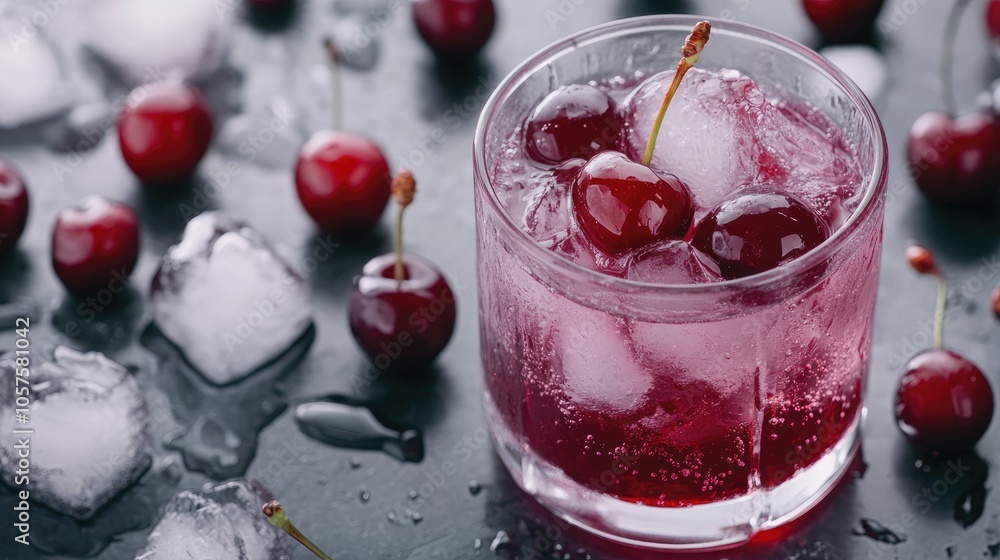 Chilled cherry flavored beverage served with ice in a glass Chilled cherry flavored beverage served with ice in a glass