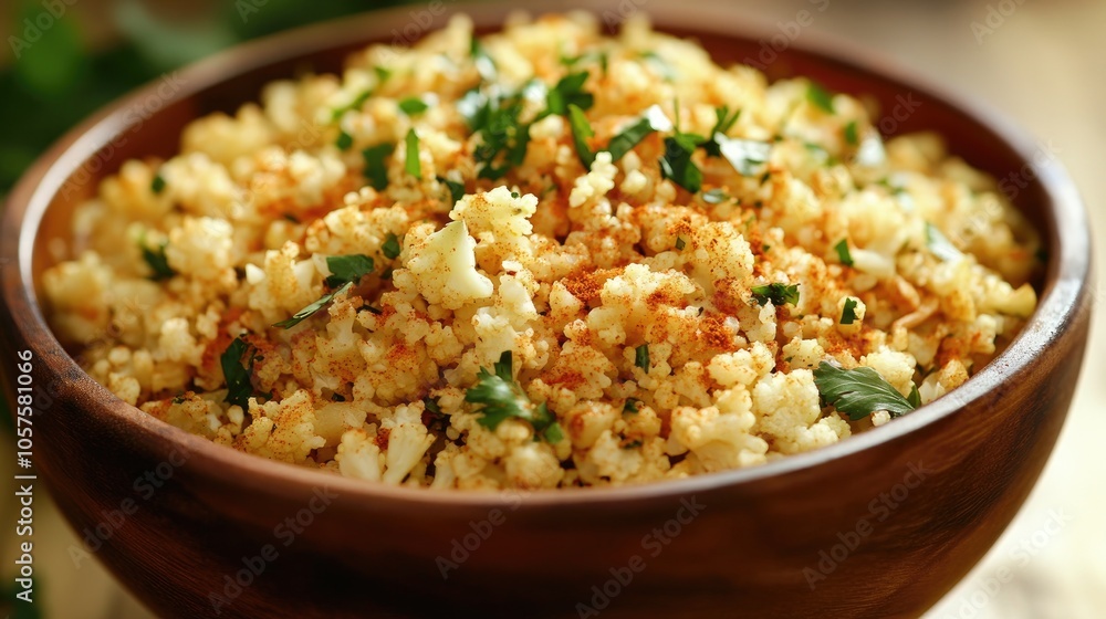 Bowl of freshly made cauliflower rice seasoned with spices Bowl of freshly made cauliflower rice seasoned with spices